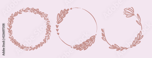 Round frames with floral decor. Hand drawn, vector illustration.