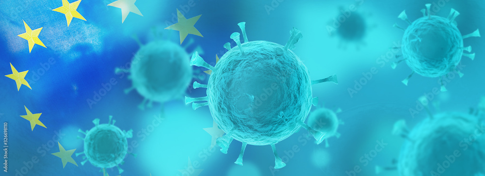 Biology and science. Virus or bacteria cells. Global alert. Epidemic. 3D render illustration. European Flag. - obrazy, fototapety, plakaty 