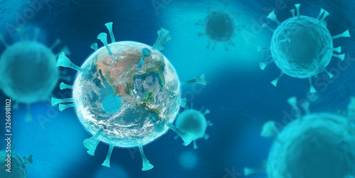 Fototapeta Naklejka Na Ścianę i Meble -  Biology and science. Virus or bacteria cells. Global alert. Epidemic. 3D render illustration. Planet Earth. Elements of this image furnished by NASA.