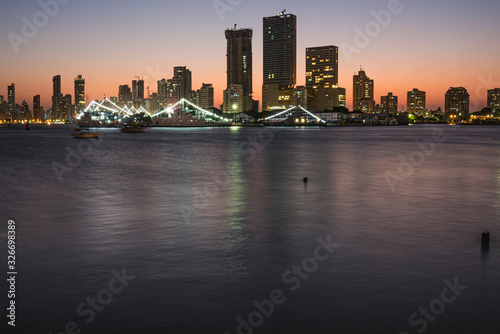 Cartagena city skyline at sunset view from the bay