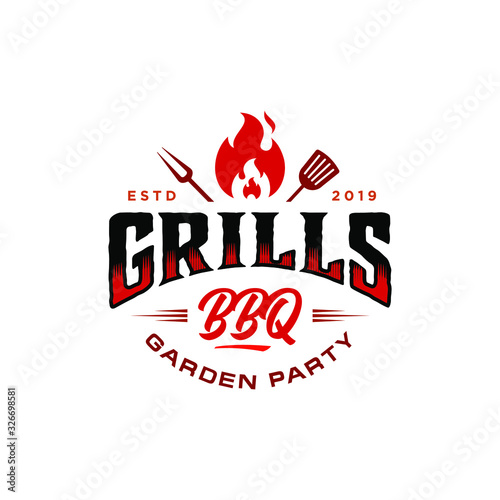 Vintage hipster Grill Barbeque invitation party barbecue bbq with crossed fork spatula and fire flame Logo design