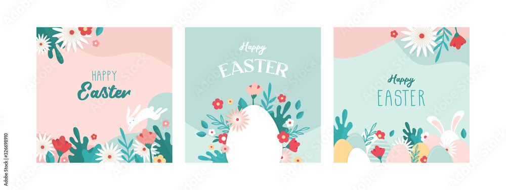 Happy Easter. Greeting cards or posters with bunny, spring flowers and Easter egg. Egg hunt poster template. Spring background. vector illustration Happy Easter. Greeting cards or posters with bunny, spring flowers and Easter egg. Egg hunt poster template. Spring background. vector illustration