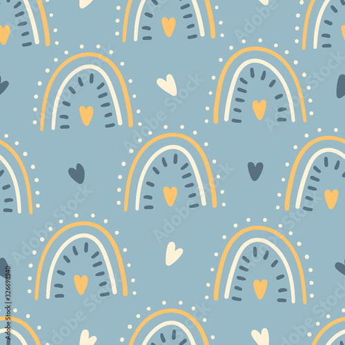 Hand drawn kids rainbow seamless pattern for print, textile, apparel design. Trendy kids pattern with hearts.