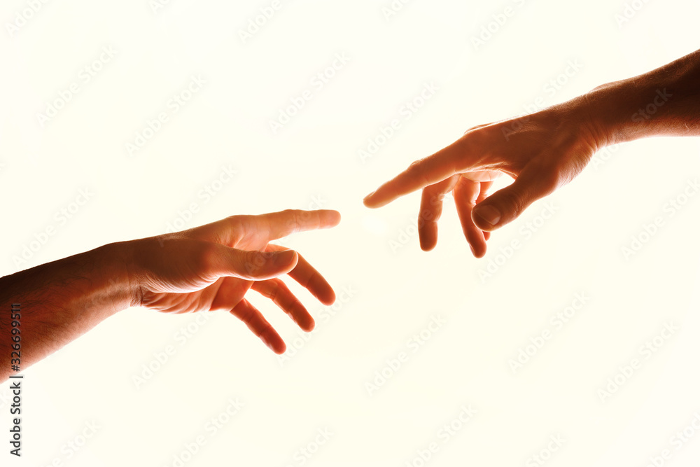 Two hands with fingers that almost touch isolated white - obrazy, fototapety, plakaty 