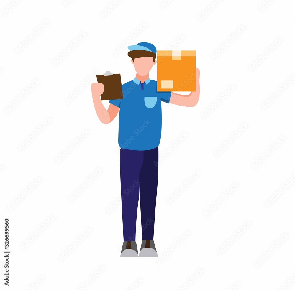 courier man carry box on shoulder and looking list paper in flat illustration vector isolated in white background