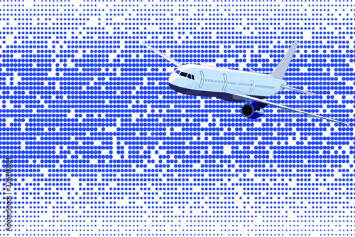 Airplane flying above blue dot sky background, vector.