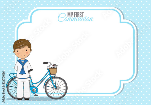 Boy communion card. Boy with bicycle. Frame with space for text