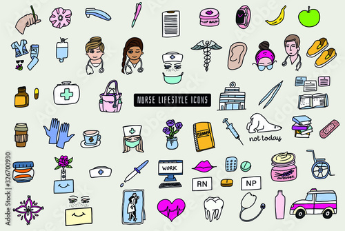 Colored hand drawn nurse lifestyle icons set. Doodle vector illustration. Includes medicine, mask, hospital, planner, ambulance, nurse hairstyle, dropper, thermometer, heartbeat icons and more.	