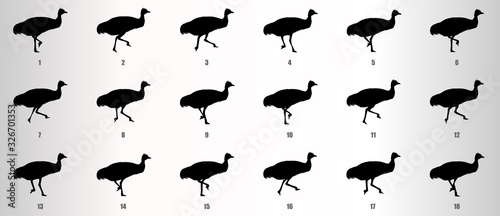 Emu run Cycle animation sequence silhouette, loop animation sprite sheet