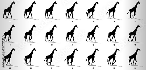 Giraffe walk cycle animation frames silhouette, loop animation sequence sprite sheet 