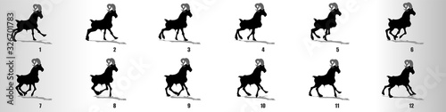 Goat run cycle animation frames silhouette, loop animation sequence sprite sheet 