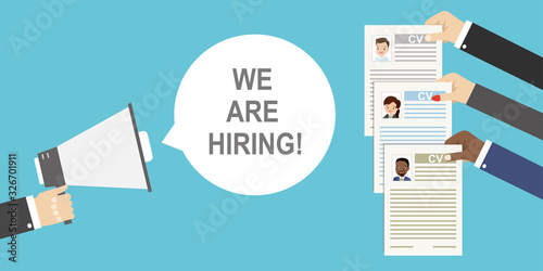 Hand holding megaphone and speech bubble with we are hiring text