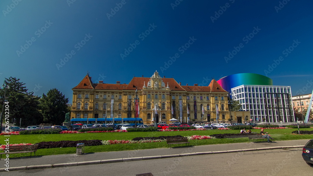 Naklejka premium A view of the Museum of Arts and Crafts timelapse in Zagreb during the day. ZAGREB, CROATIA