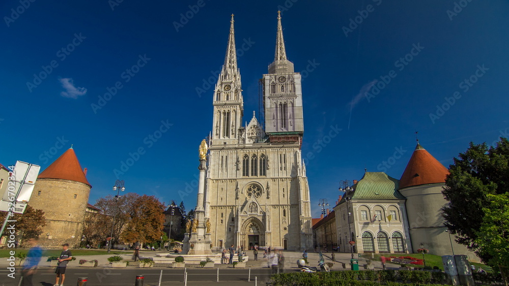 Zagreb Cathedral timelapse  and Monument called Maria's pillar. ZAGREB, CROATIA