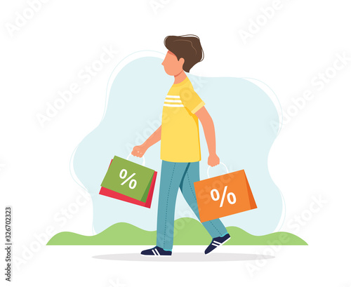 Man with shopping bags, spring sale concept. Cute vector illustration in flat style