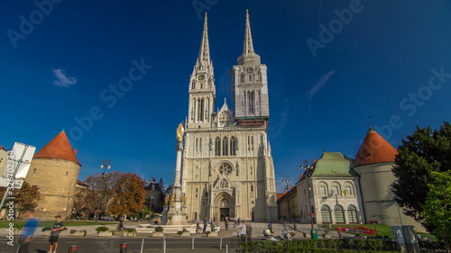 Zagreb Cathedral timelapse and Monument called Maria's pillar. ZAGREB, CROATIA