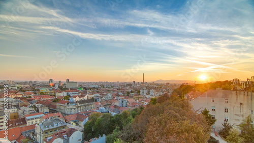 Aerial view at Zagreb downtown timelapse, sunset time, Croatia capital city.