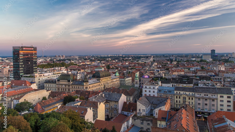 Panorama of the city center timelapse, Zagreb capitol of Croatia, with mail buildings, museums and cathedral in the distance.