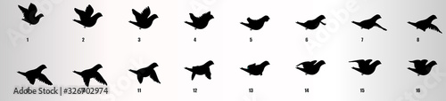 Pigeon flying animation sequence silhouette, loop animation sprite 