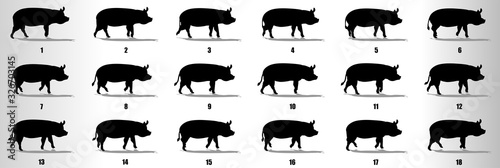 Pig walk cycle animation frames silhouette, loop animation sequence sprite sheet 