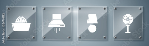 Set Electric fan , Table lamp , Kitchen extractor fan and Citrus fruit juicer . Square glass panels. Vector