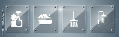 Set Shower head with water drops flowing , Handle broom , Plastic basin with soap suds and Plastic bottles for liquid dishwashing liquid. Square glass panels. Vector