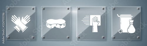 Set Trash can , Cleaning service , Sponge and Rubber gloves . Square glass panels. Vector