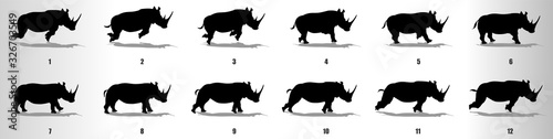 Rinoceros run cycle animation frames silhouette, loop animation sequence sprite sheet 