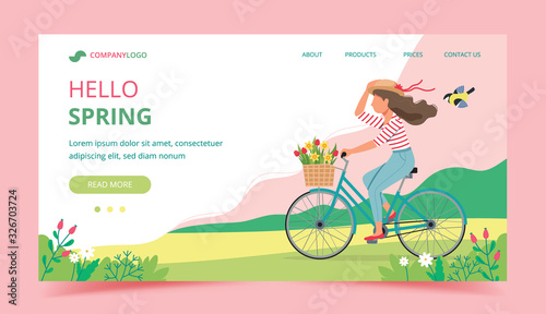 Woman riding a bike in spring with flowers in the basket. Landing page template. Cute vector illustration in flat style.