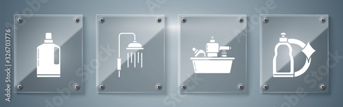 Set Shower head with water drops flowing and Plastic bottles for liquid dishwashing liquid. Square glass panels. Vector