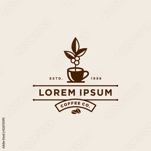 coffee shop logo hipster with cup icon vector in line outline vintage style 