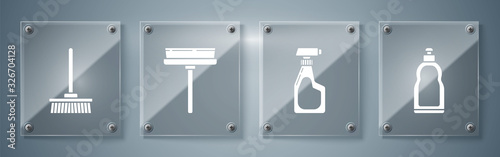 Set Plastic bottles for liquid dishwashing liquid, Cleaning spray bottle with detergent liquid , Squeegee, scraper, wiper and Mop . Square glass panels. Vector