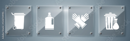 Set Trash can and garbage bag , Rubber gloves , Plastic bottles for liquid dishwashing liquid and Trash can . Square glass panels. Vector