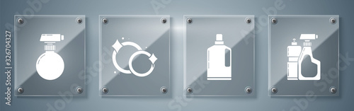 Set Plastic bottles for liquid dishwashing liquid, Washing dishes and Cleaning spray bottle with detergent liquid . Square glass panels. Vector