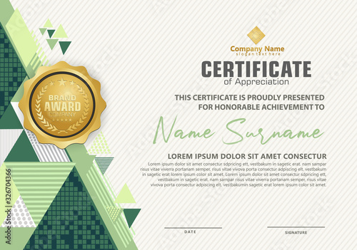 modern certificate template with triangle with halftone on line ornament on pattern background.