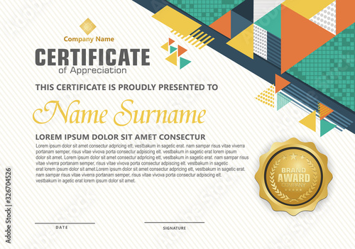 modern certificate template with triangle with halftone on line ornament on pattern background.
