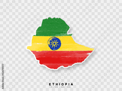 Ethiopia detailed map with flag of country. Painted in watercolor paint colors in the national flag.