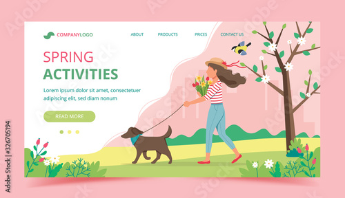 Woman walking dog in spring with flowers. Landing page template. Cute vector illustration in flat style.