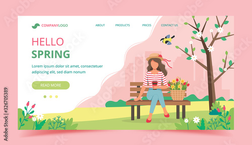 Woman sitting on the bench with spring flowers in basket. Landing page template. Cute vector illustration in flat style.