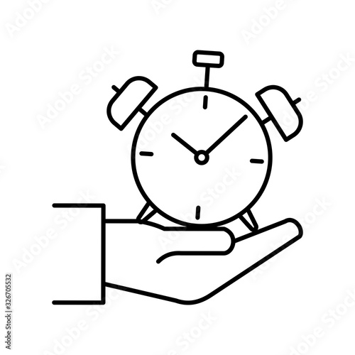 Hand holding an alarm clock. Outline thin line flat illustration. Isolated on white background. 