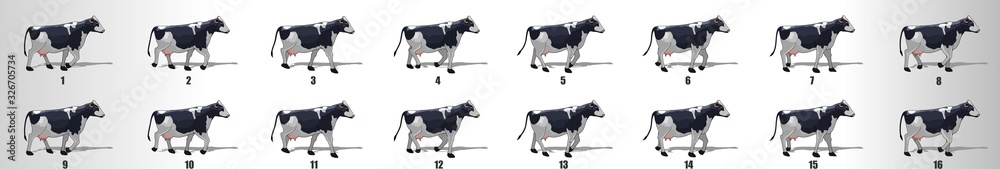 Cow Walk cycle animation frames, loop animation sequence sprite sheet 