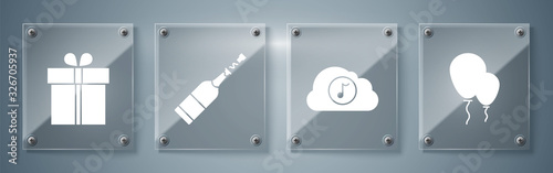 Set Balloons with ribbon , Music streaming service , Champagne bottle and Gift box . Square glass panels. Vector