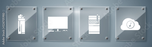 Set Music streaming service , Open cigarettes pack box , Video game console and Lighter . Square glass panels. Vector