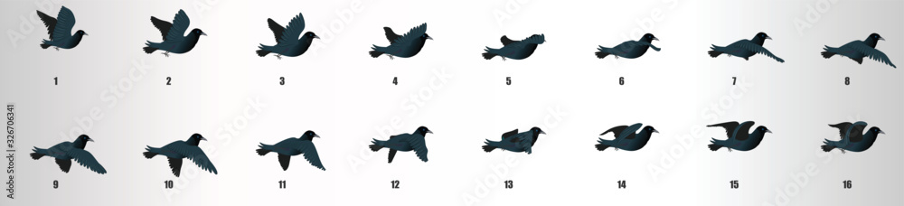 Pigeon flying animation sequence silhhouette, loop animation sprite ...
