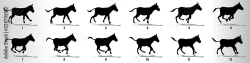 Donkey cycle animation frames silhouette, loop animation sequence sprite sheet 
