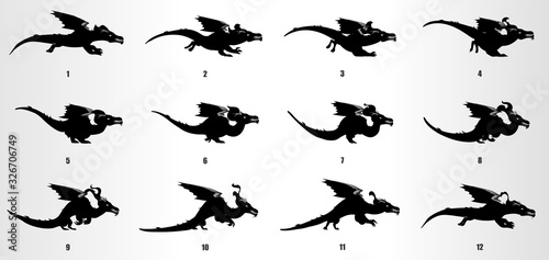 Dragon Run cycle animation frames silhouette, loop animation sequence sprite sheet