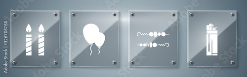 Set Lighter , Grilled shish kebab, Balloons with ribbon and Birthday cake candles . Square glass panels. Vector