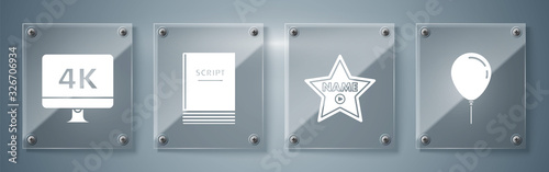 Set Balloon with ribbon , Hollywood walk of fame star on celebrity boulevard , Scenario and Computer PC monitor with 4k video technology . Square glass panels. Vector