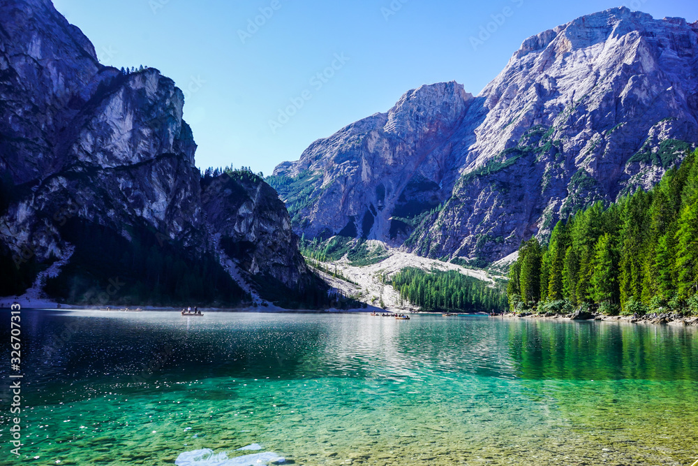 Braies lake in Trentino Alto Adige, Italy, Dolomites in the background