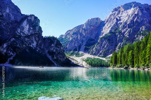 Fototapeta Naklejka Na Ścianę i Meble -  Braies lake in Trentino Alto Adige, Italy, Dolomites in the background